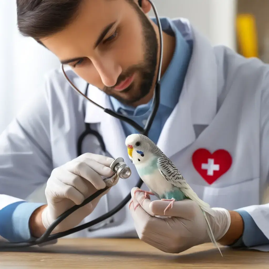 Avian veterinarian examining a budgerigar.