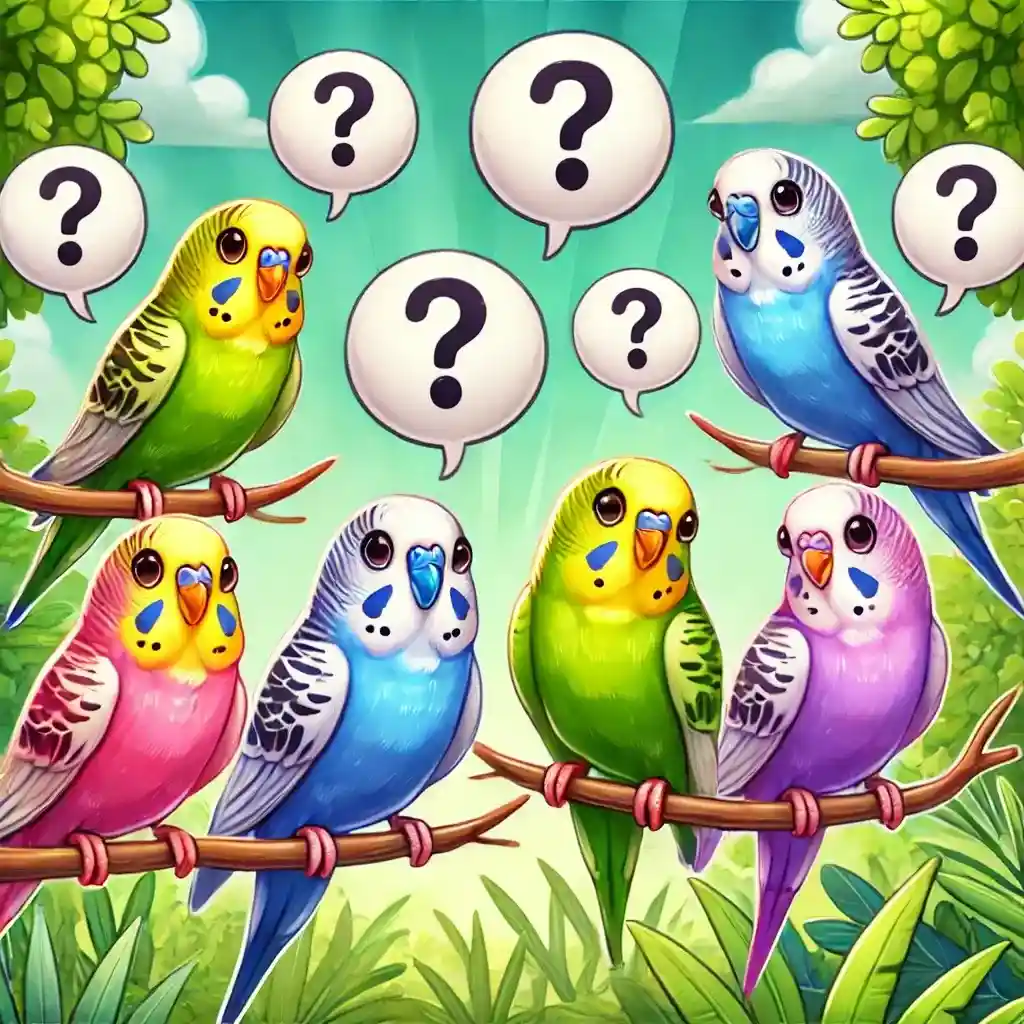 Illustration of colorful budgerigars with question marks.