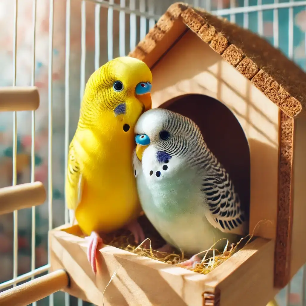 Pair of yellow and blue budgerigars in a breeding cage.