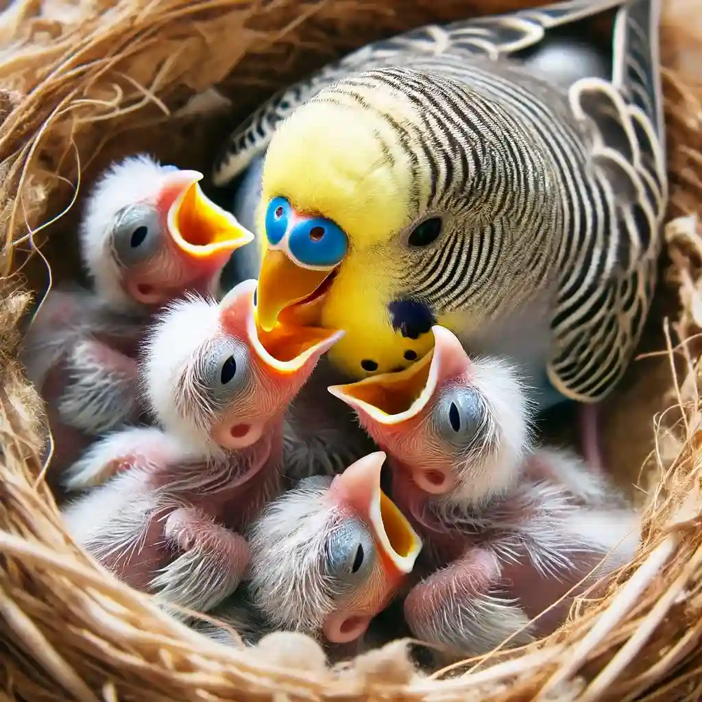 Adult budgerigar feeding its chicks in a nest.