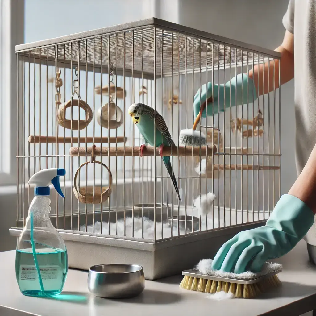 Person cleaning a budgerigar cage with a spray bottle and brush.