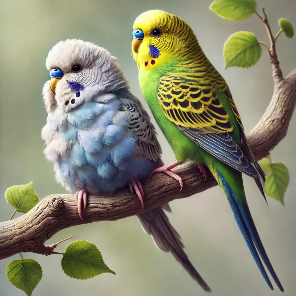 Two budgerigars perched on a branch, one older with blue feathers and one younger with green feathers.