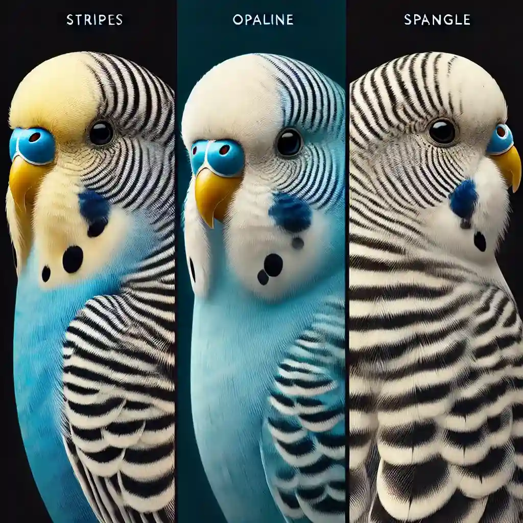 Three budgerigars showing different feather patterns: stripes, opaline, and spangle.