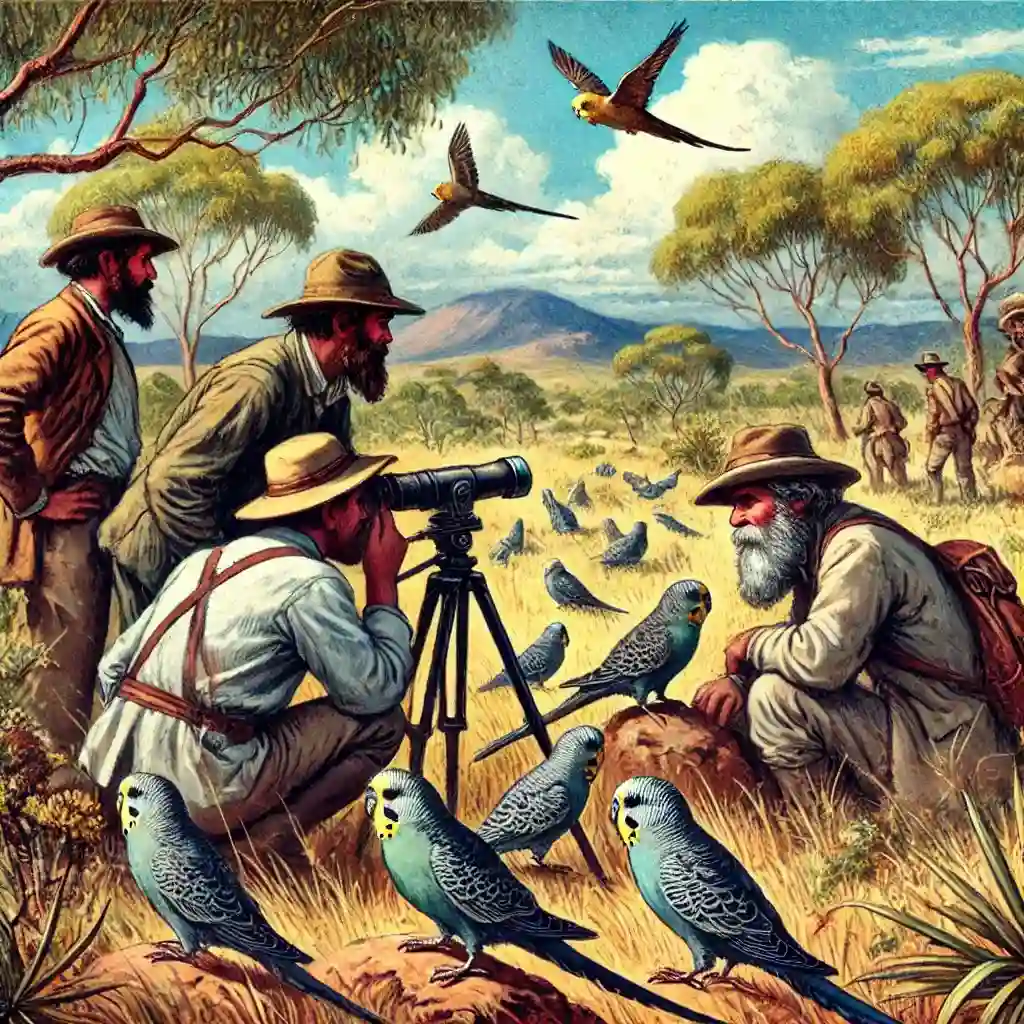 Historical illustration of explorers observing budgerigars in the wild.