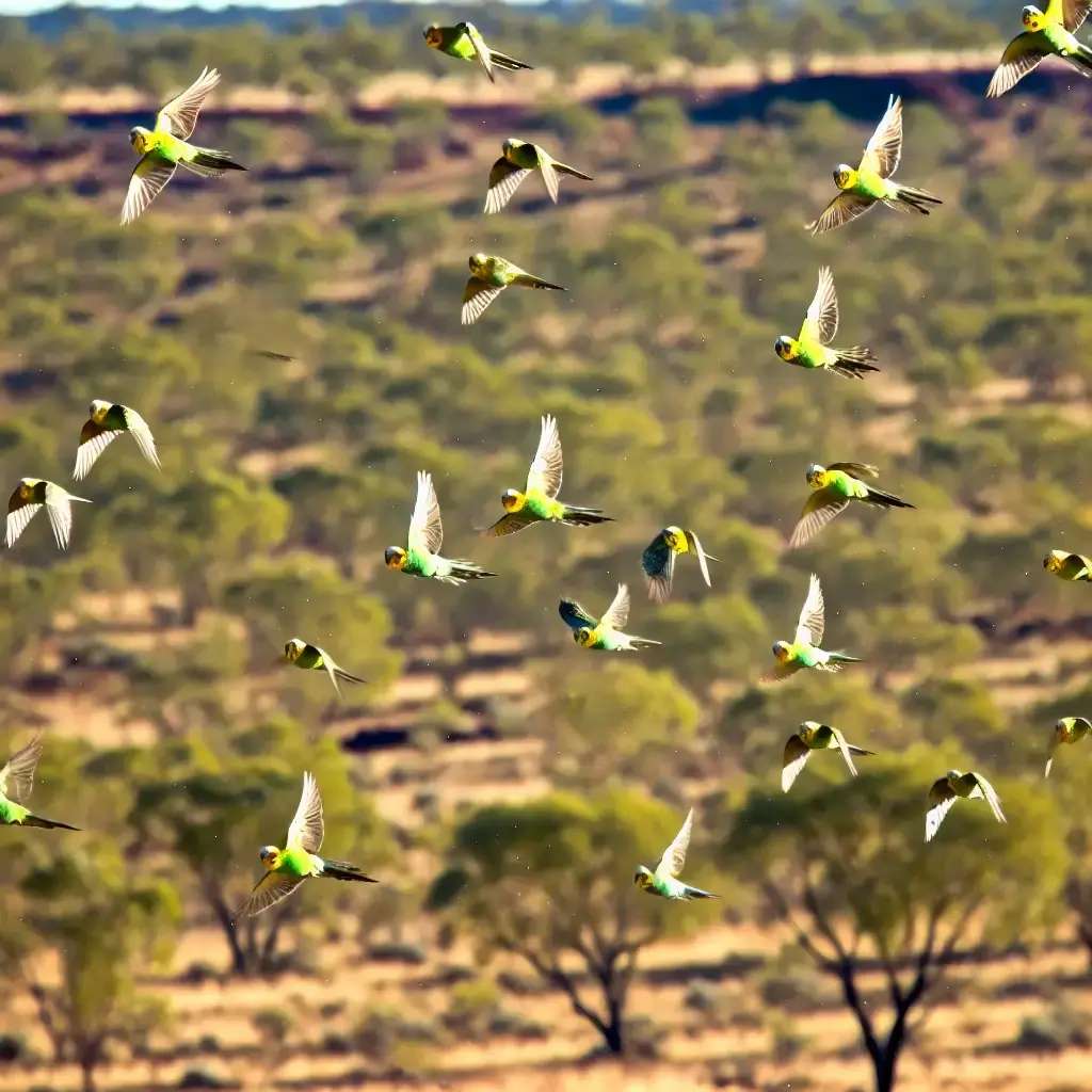 Flock of wild budgerigars flying in Australia.