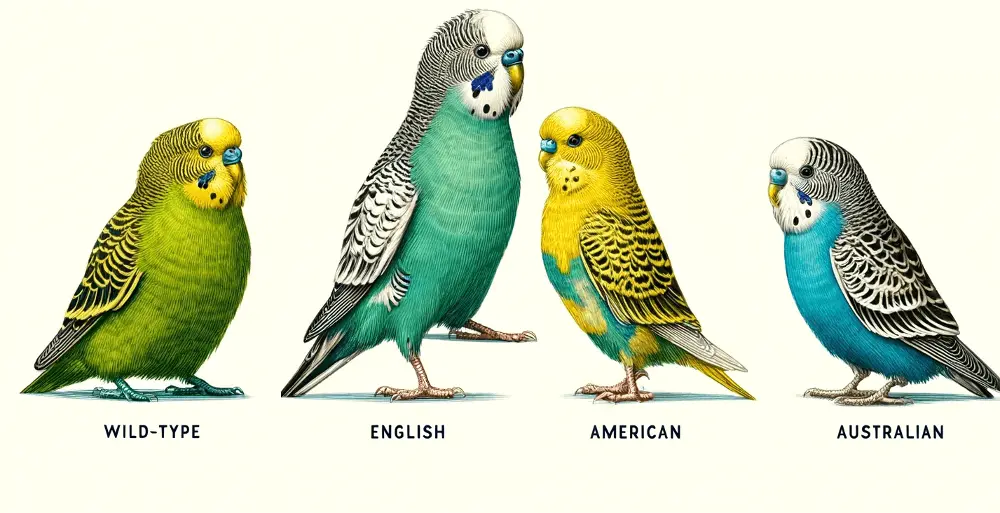 Comparison of different types of budgerigars: Wild-Type, English, American, and Australian.