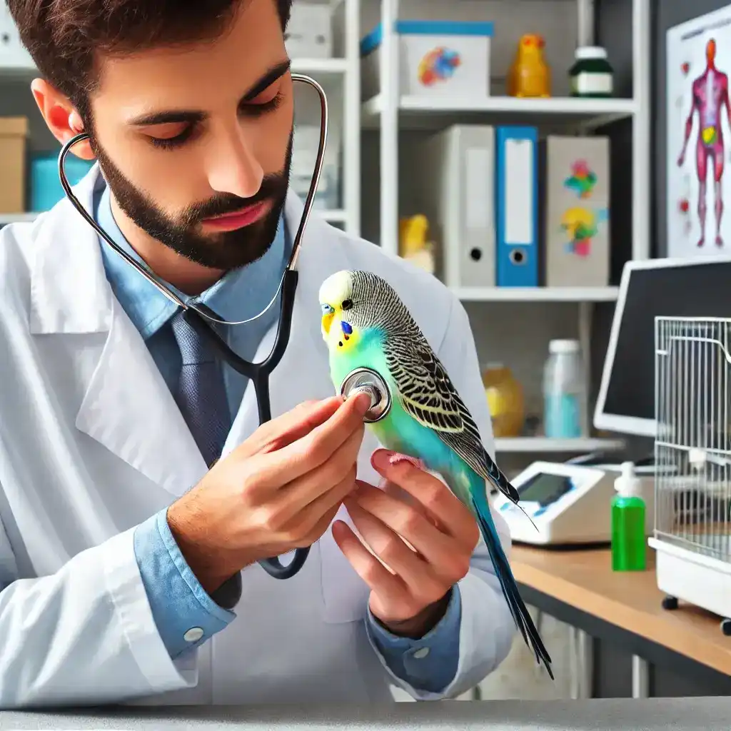 Veterinarian examining a budgerigar with a stethoscope