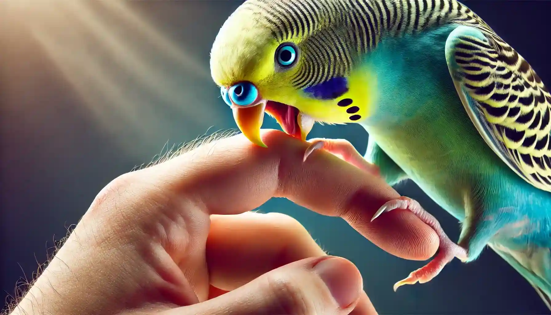 Budgerigar biting a person's finger