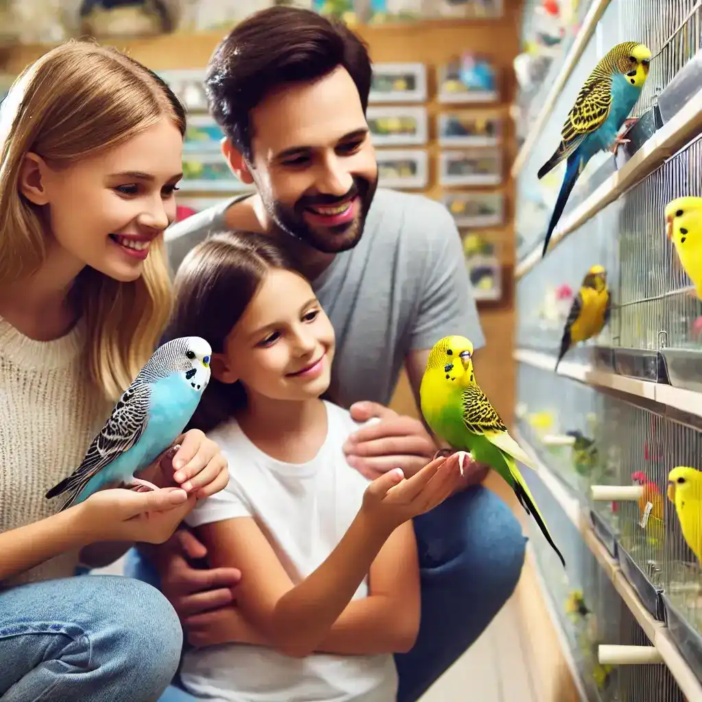 Family choosing a budgerigar at a pet store.