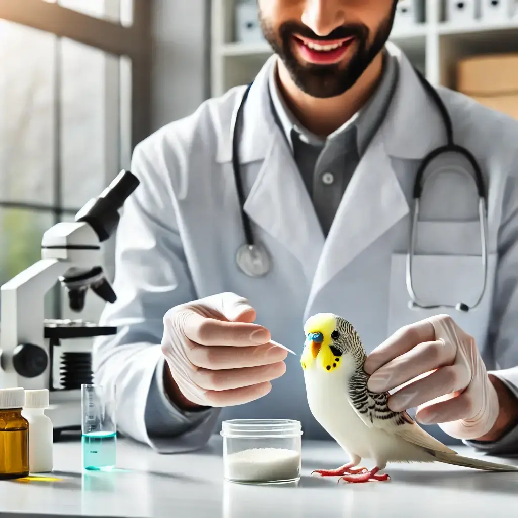 Veterinarian examining a budgerigar in a clinical setting.