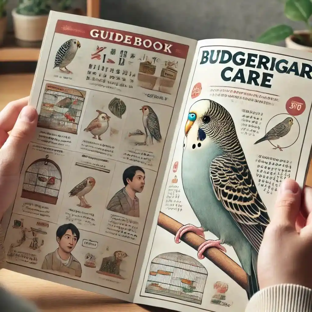 Person reading a guidebook on budgerigar care.