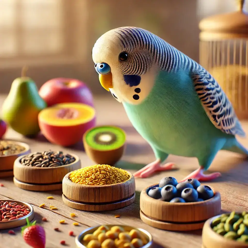 Budgerigar examining a variety of food options including seeds, fruits, and vegetables.