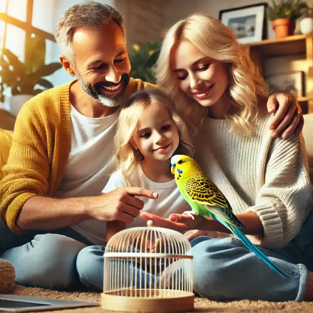 Family smiling while bonding with a green and yellow budgerigar.