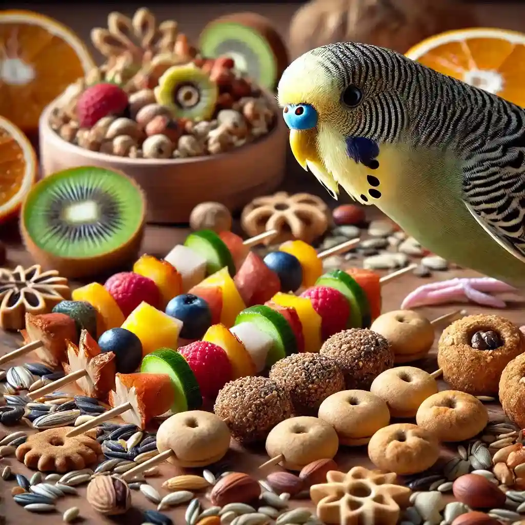 Homemade budgerigar treats made from fruits, seeds, and nuts on a wooden table.