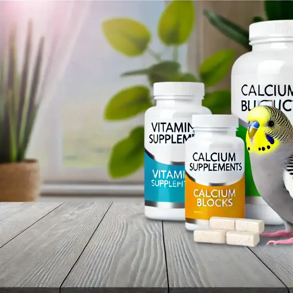 Bird vitamins and calcium supplements arranged on a wooden surface.