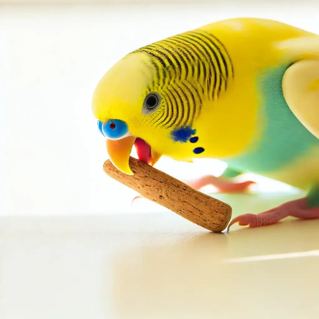 Budgerigar chewing on a wooden toy