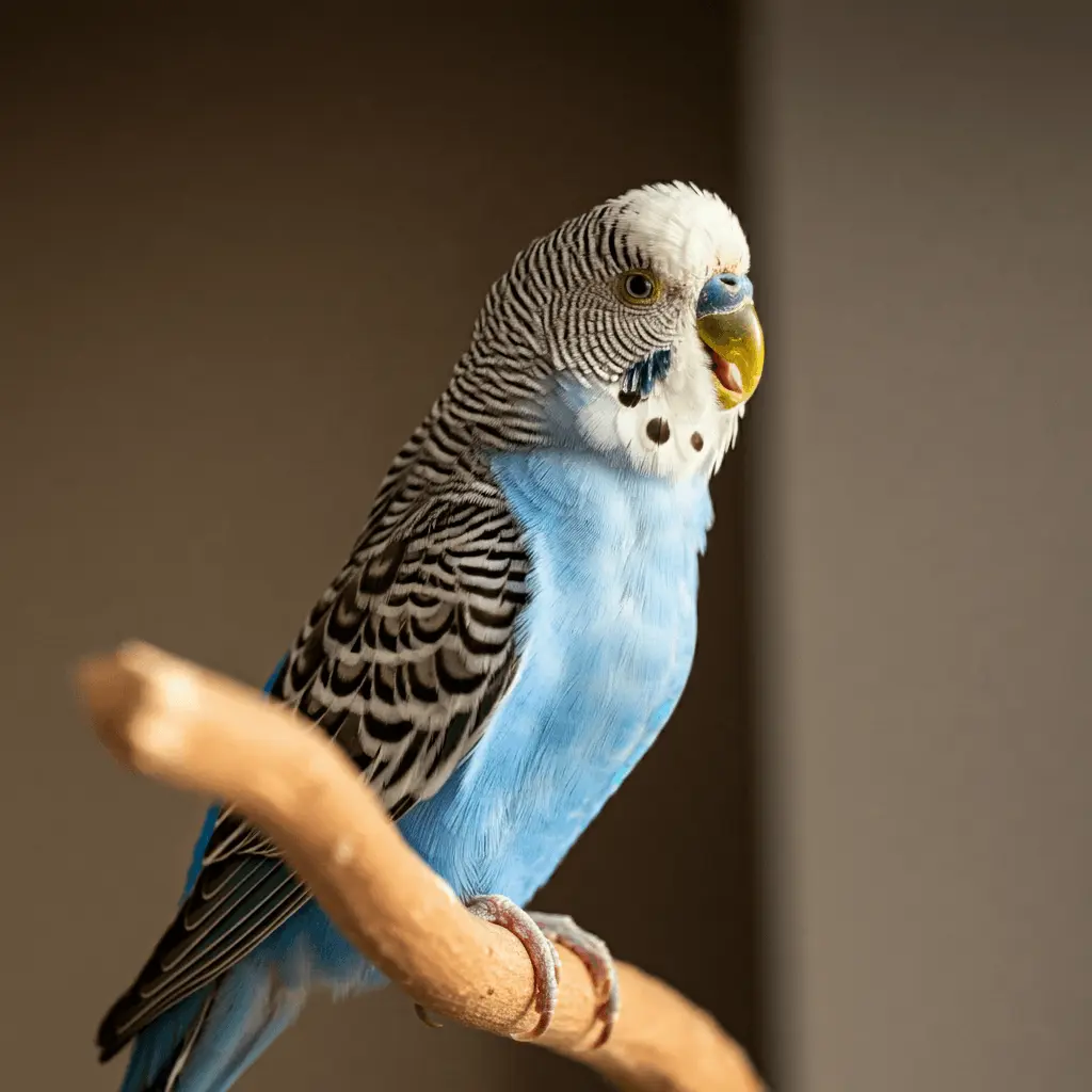 Budgerigar perched on a branch chirping.