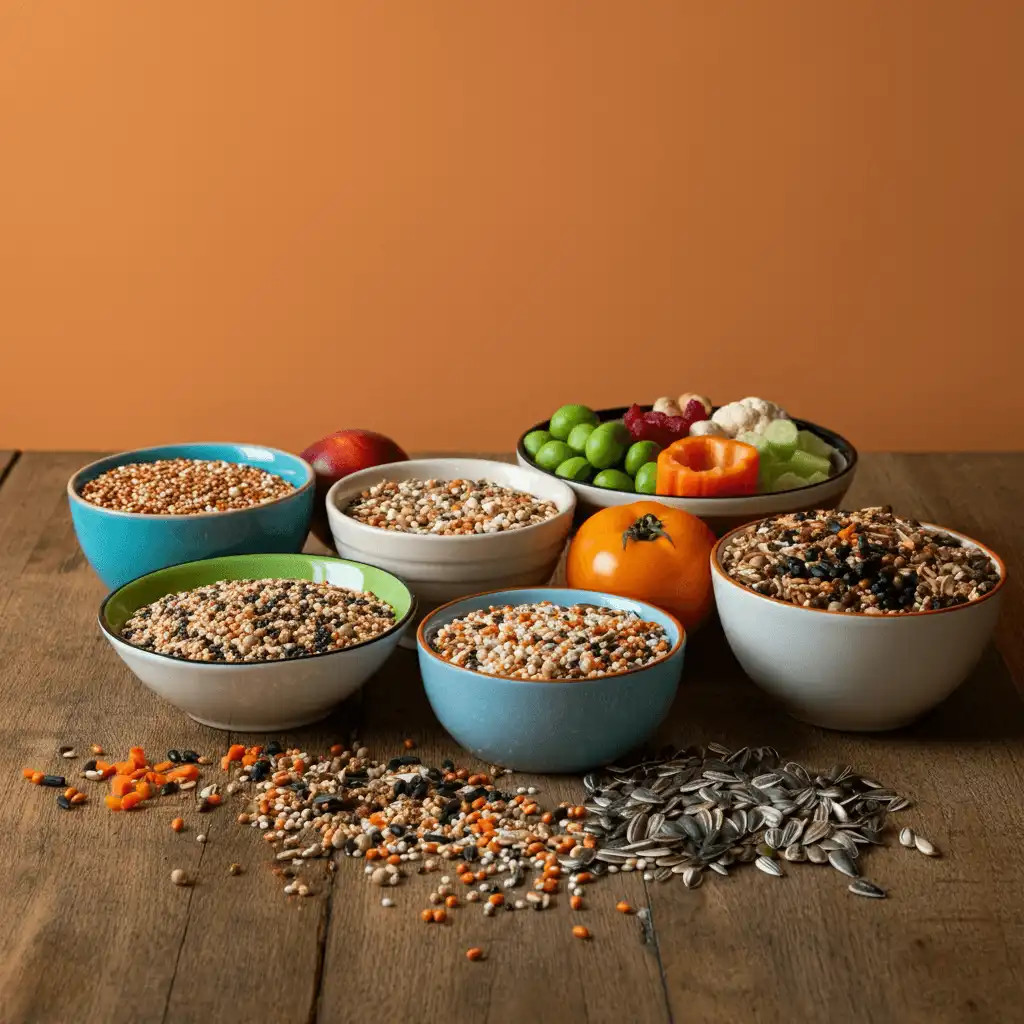 Variety of seeds and fresh fruits in bowls for a budgerigar diet.