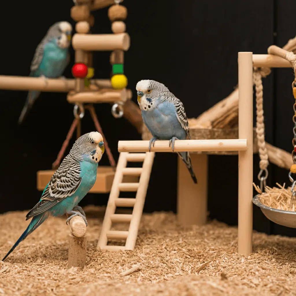 Two budgerigars playing on a wooden playground with ladders and swings.