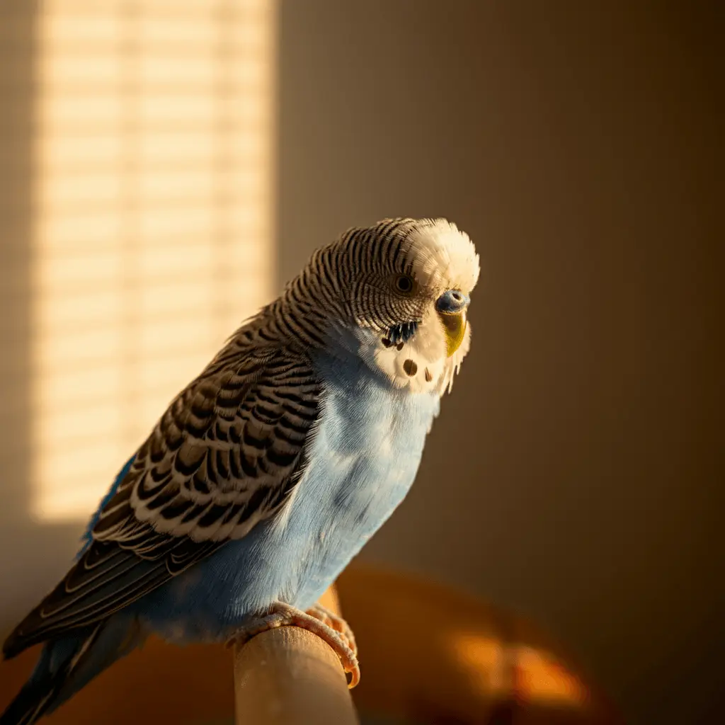 Budgerigar sitting comfortably on a perch in warm sunlight