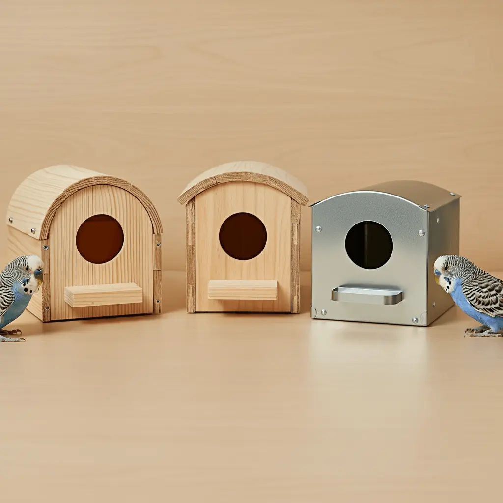 Three different types of bird nesting boxes with budgerigars nearby.