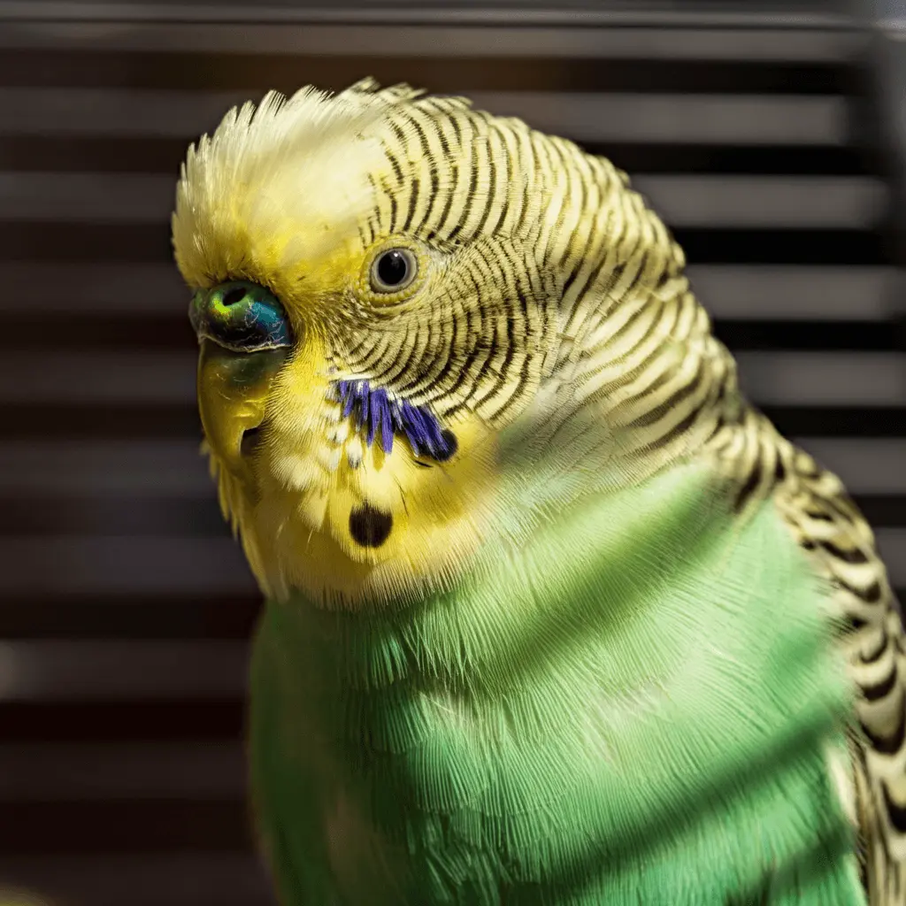 A green and yellow budgerigar in a cage placed near a sunny window.