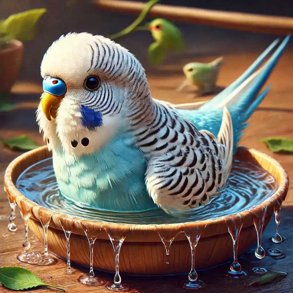 Budgerigar enjoying a bath in a shallow dish of water.