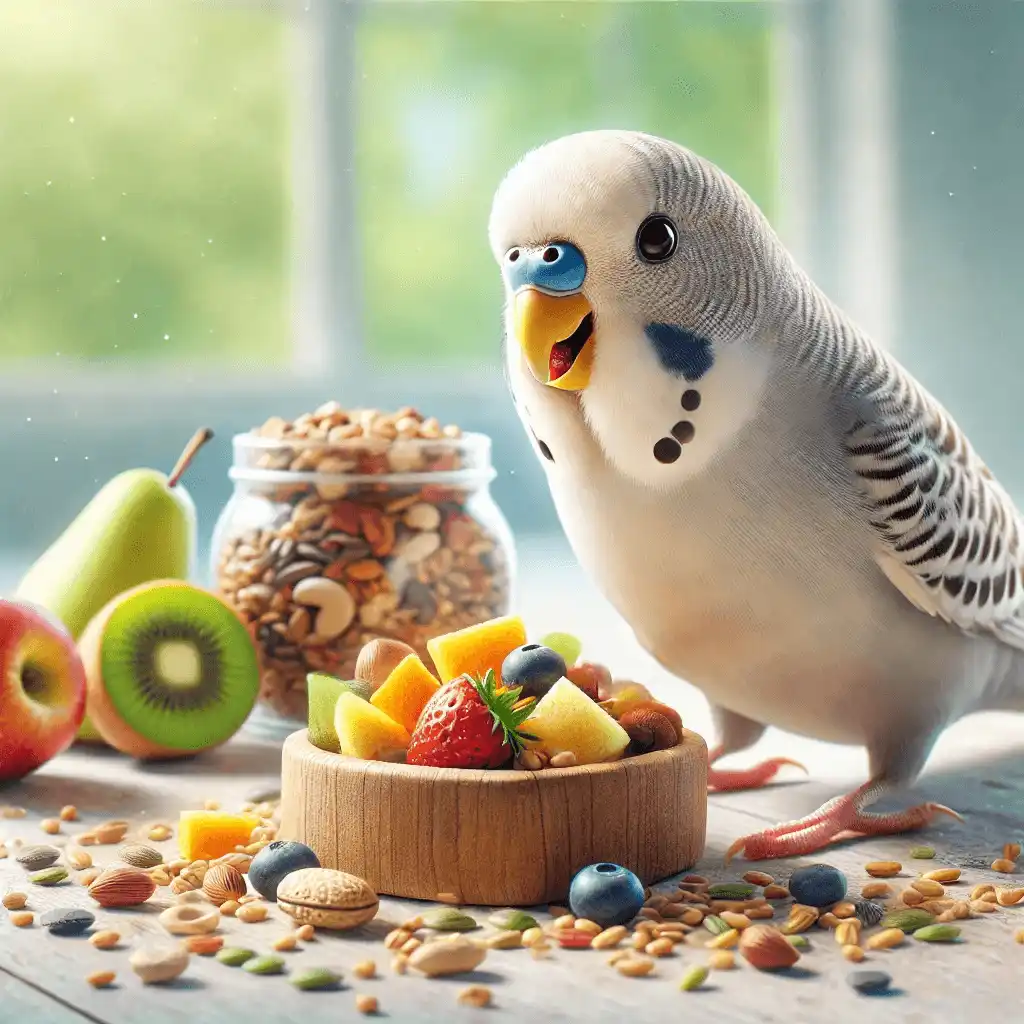 Budgerigar happily eating a colorful and healthy homemade treat.