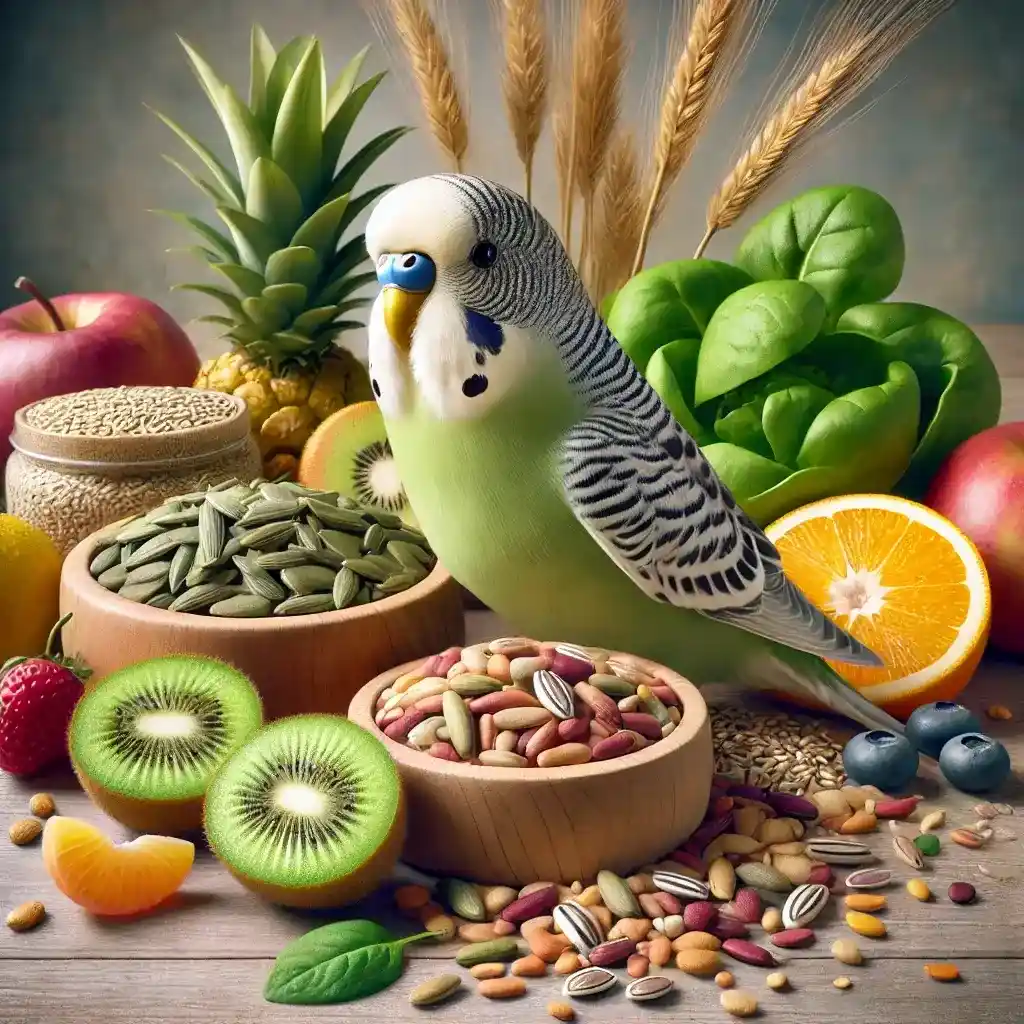 Close-up of a budgerigar with a variety of healthy foods such as seeds, fruits, and vegetables.