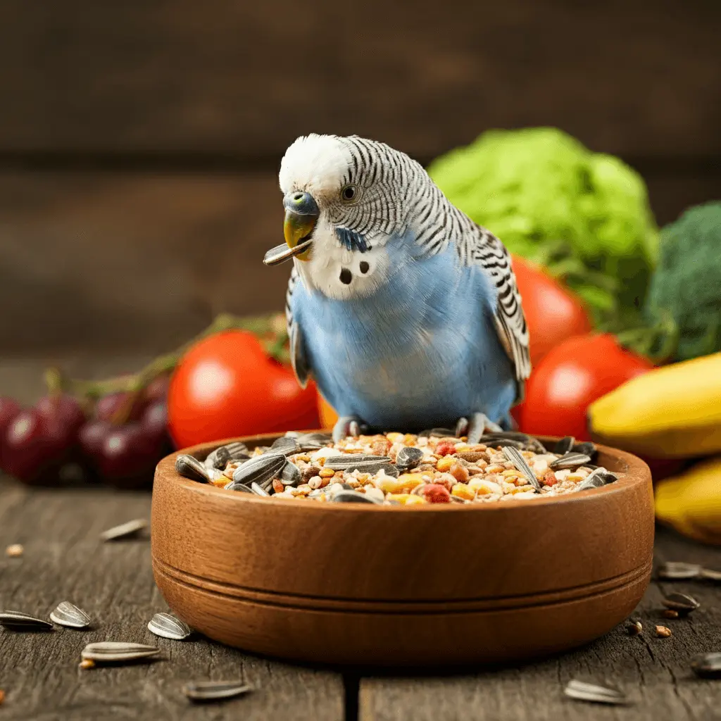 Budgerigar eating seeds from a bowl with fresh vegetables in the background.