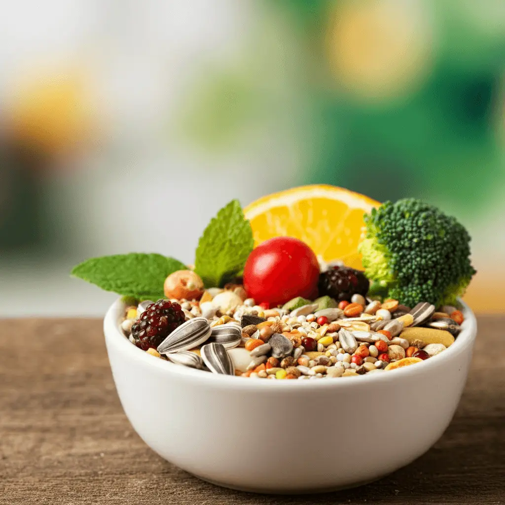 Bowl filled with seeds, fruits, and vegetables for a balanced budgerigar diet