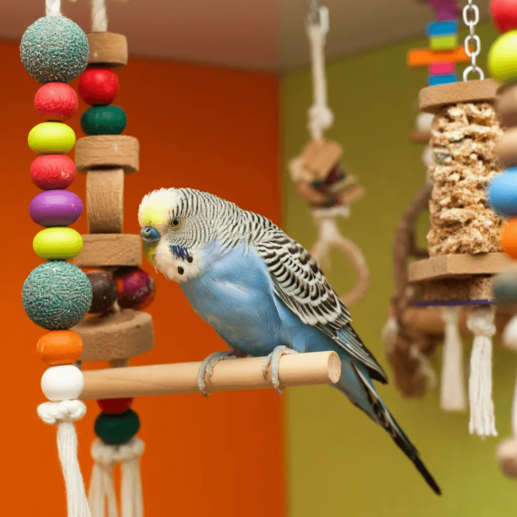 A budgerigar perched near colorful hanging toys.