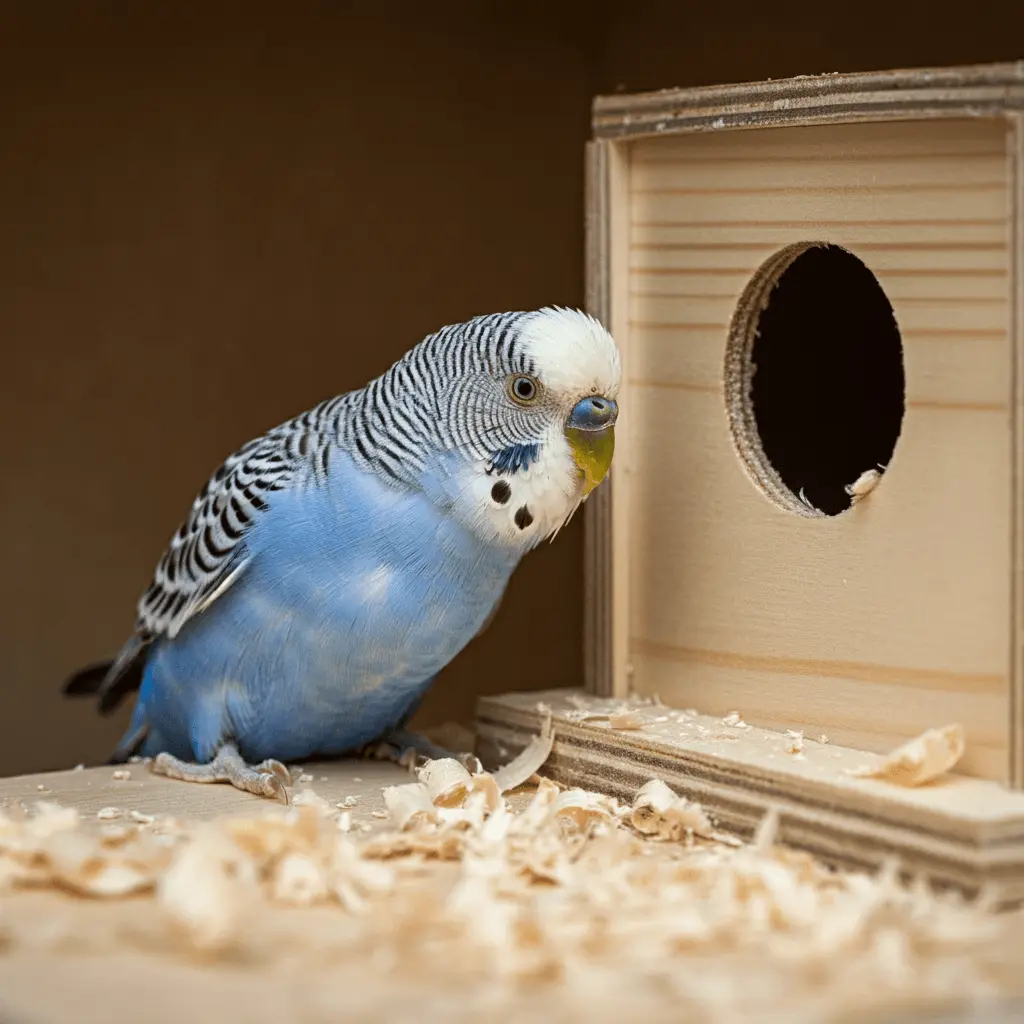 Budgerigar with wood shavings inside a nesting box.