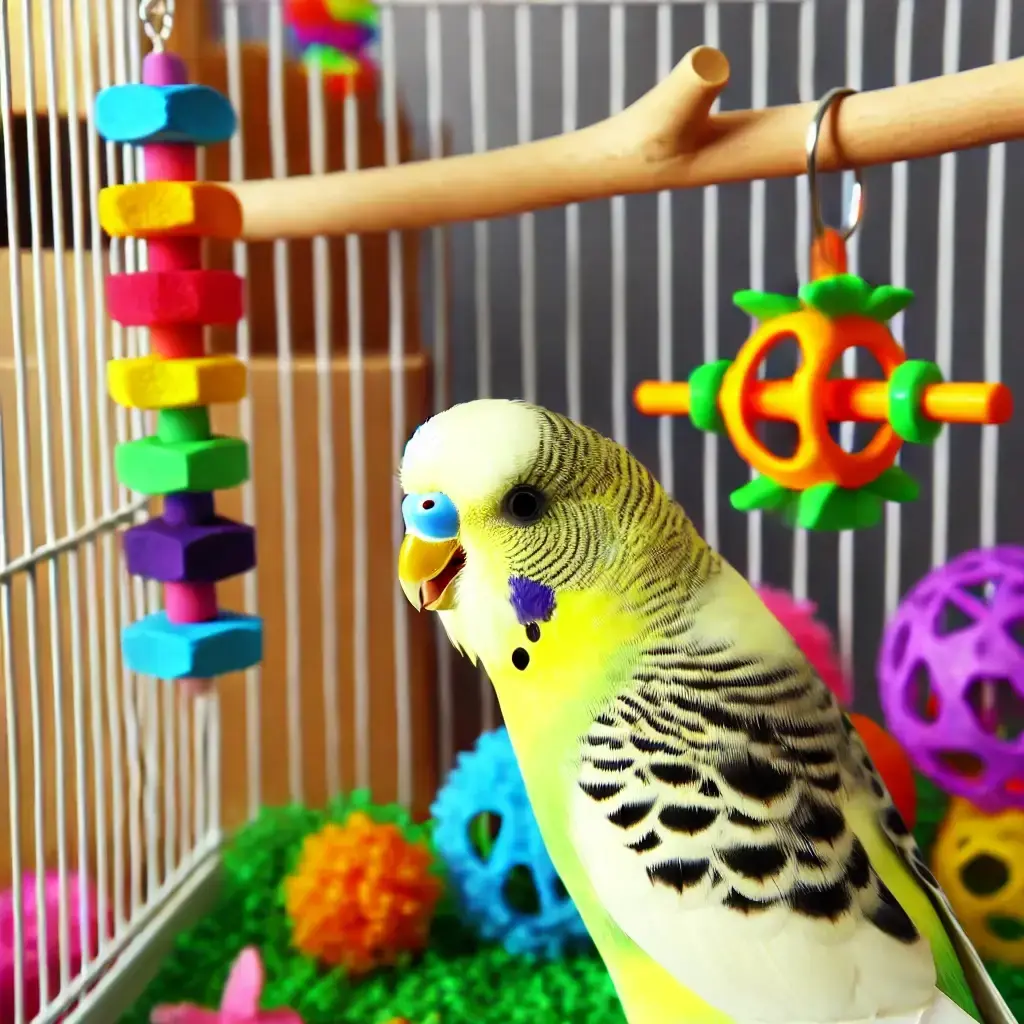 Close-up of a budgerigar vocalizing next to colorful toys.