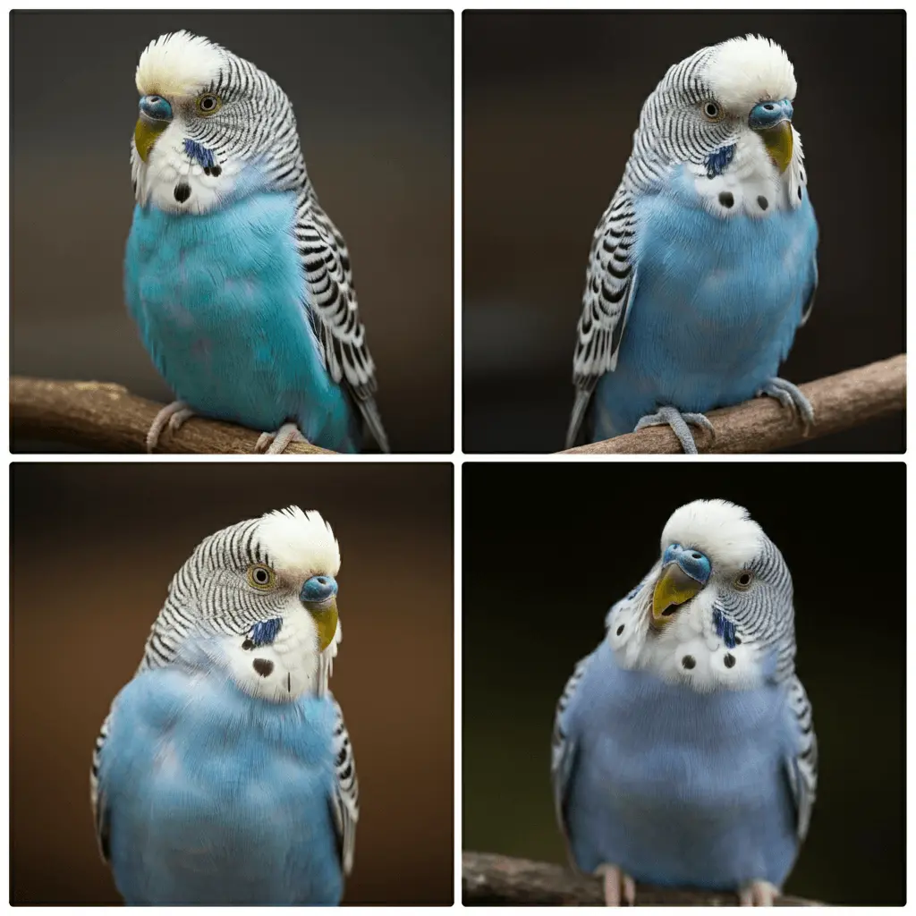 A collage of a budgerigar displaying various vocal expressions.