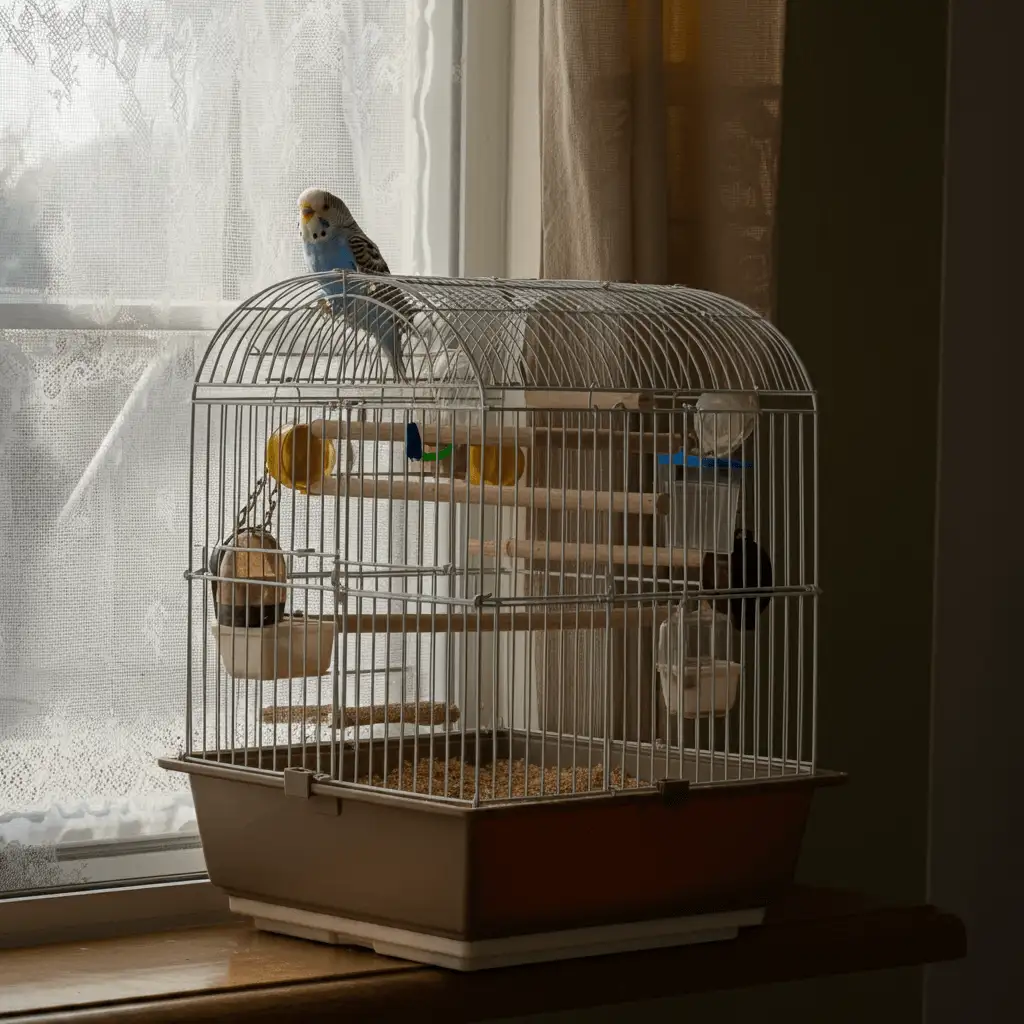 A bird cage with a budgerigar perched on top, placed on a sturdy table at eye level.