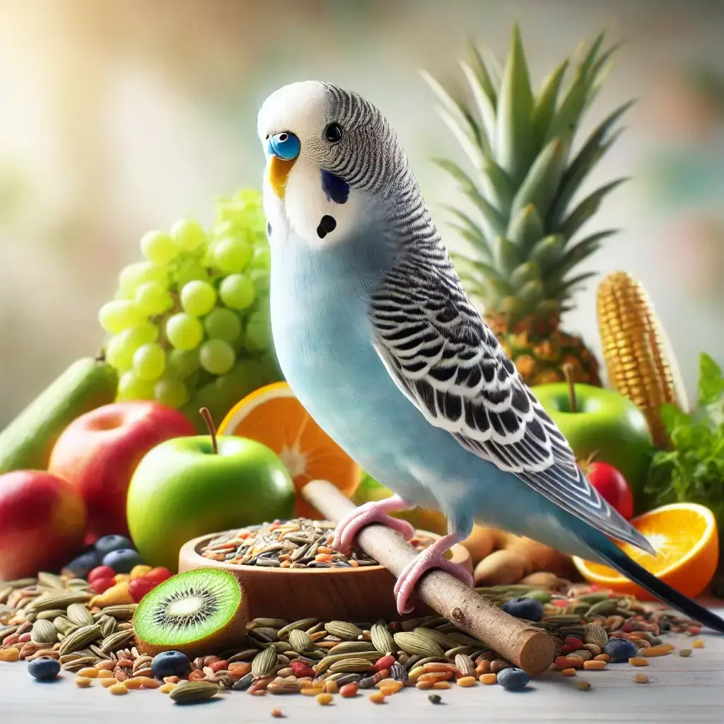 Budgerigar enjoying a balanced meal of seeds and fresh fruits.