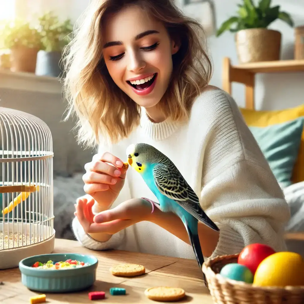 Person adopting a green and yellow budgerigar.