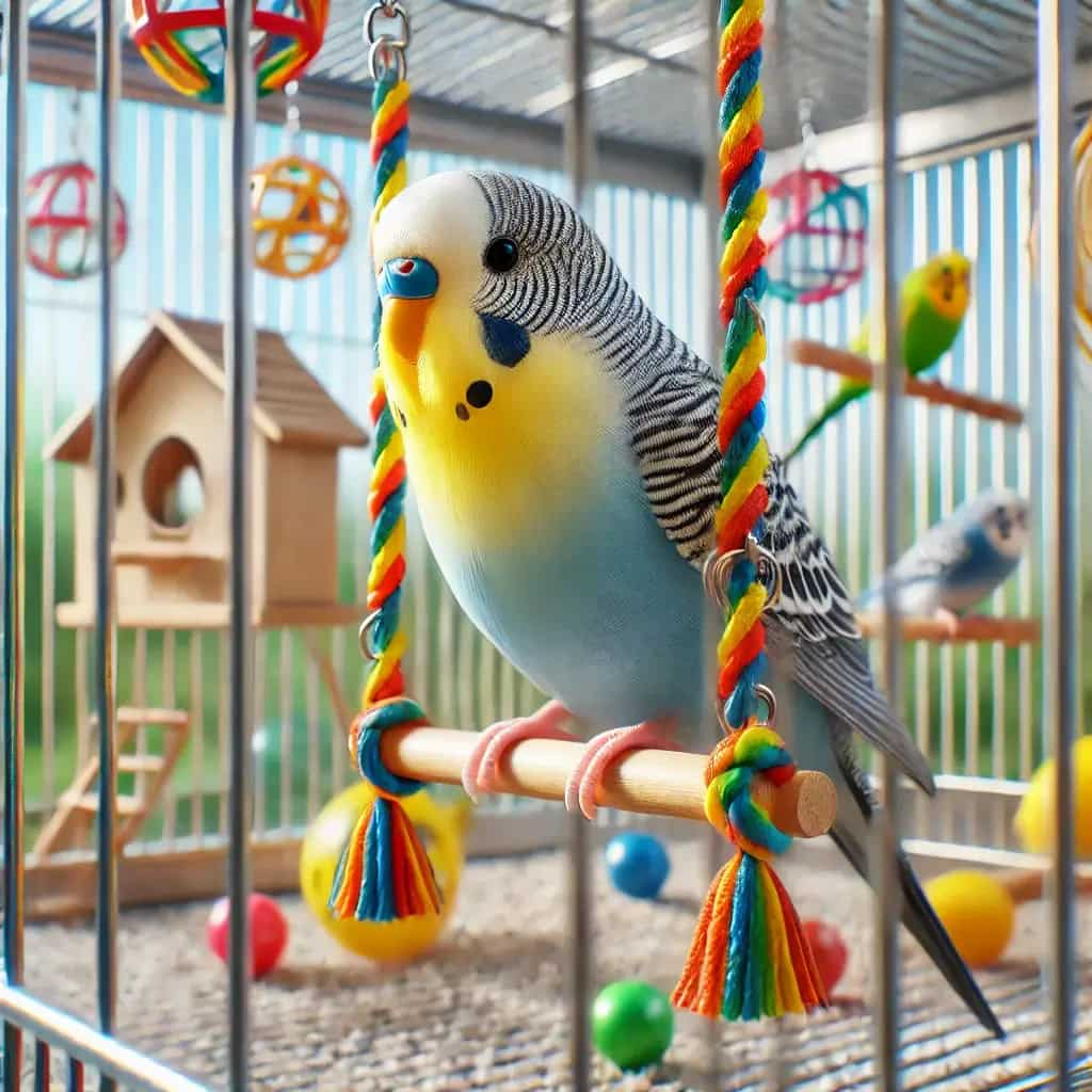 Budgerigar perched on a colorful swing