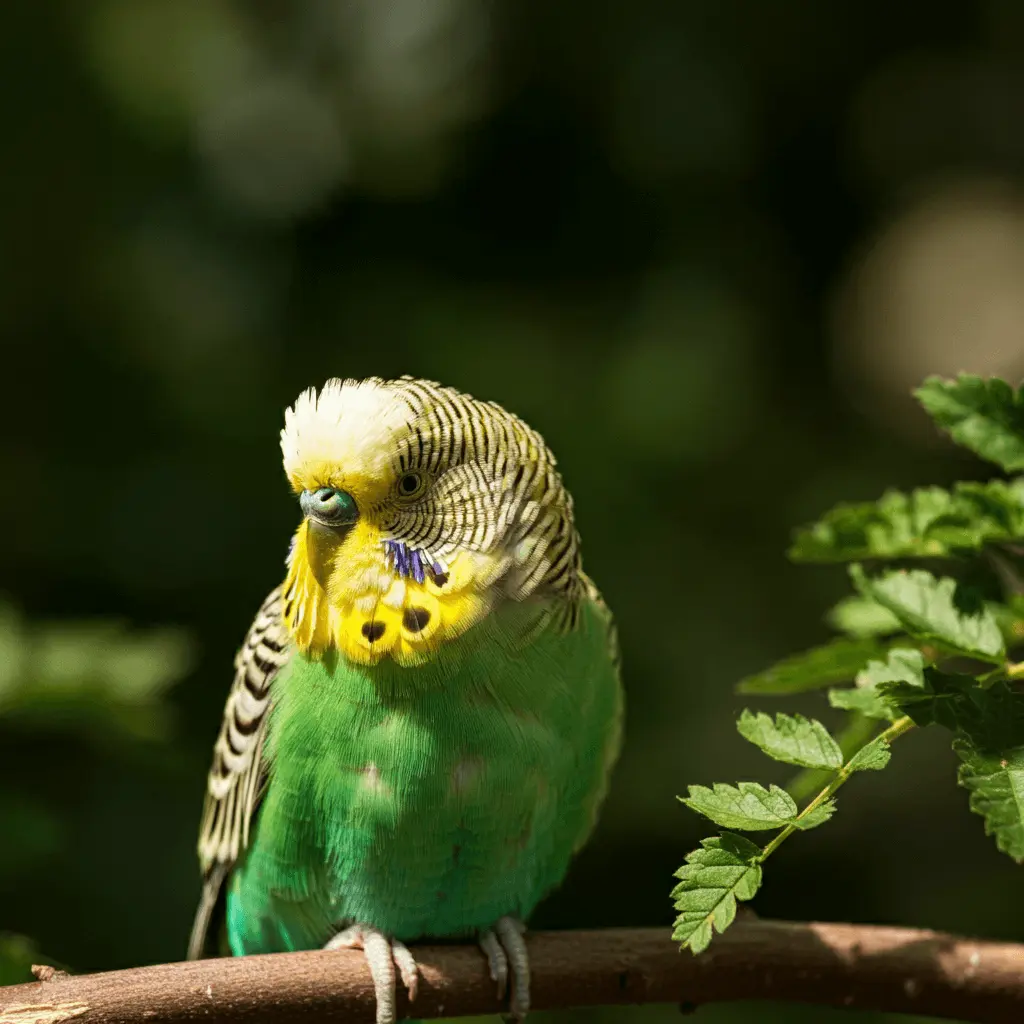 Budgerigar perched outdoors among greenery