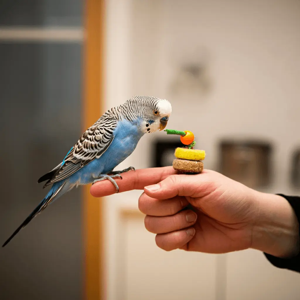 A budgerigar being hand-fed with a toy on a person’s finger.