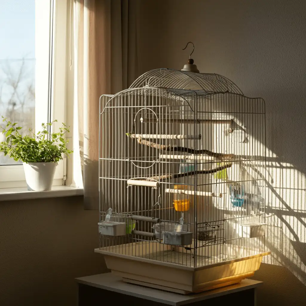 Cozy birdcage setup near a sunlit window.