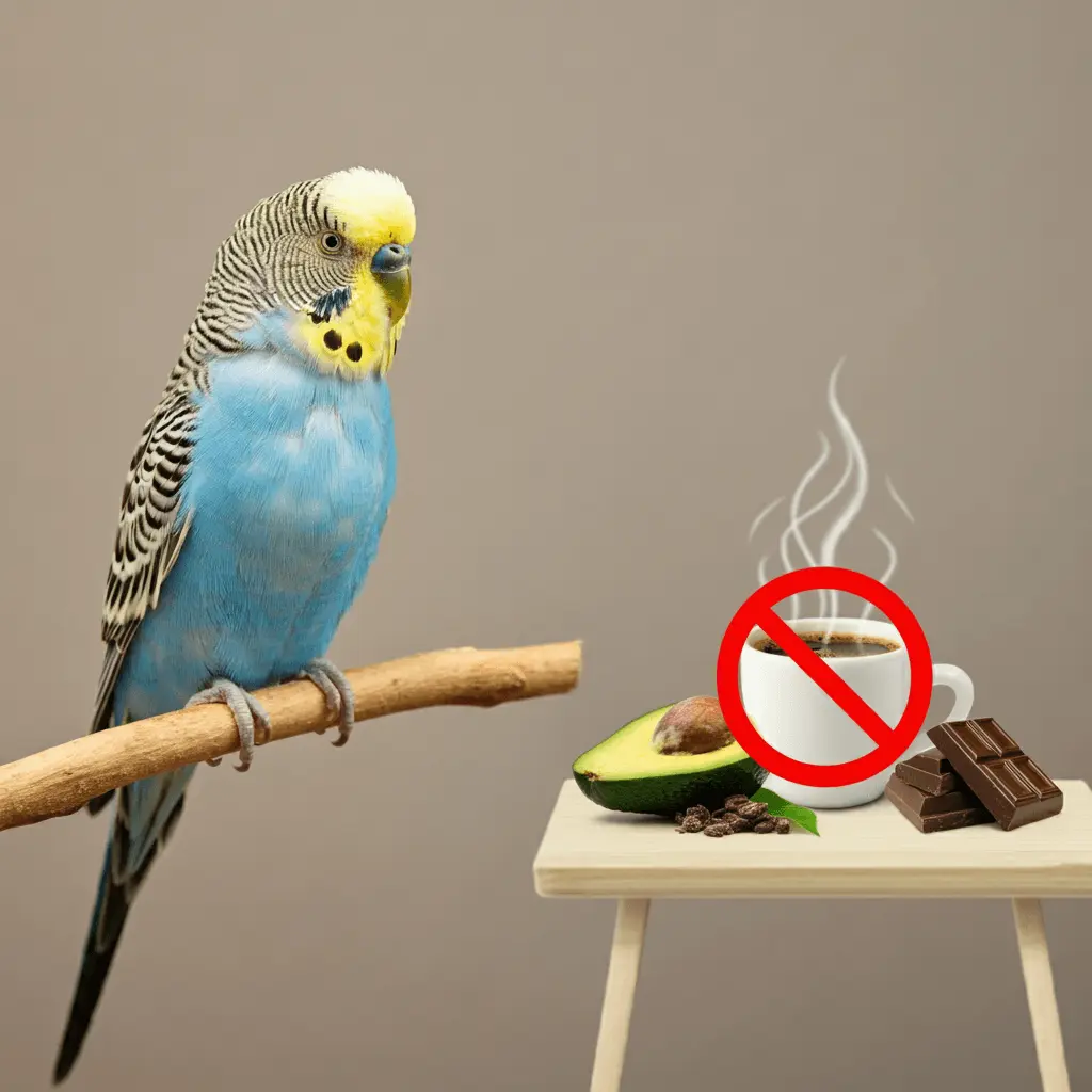 Budgerigar perched beside a table displaying dangerous foods like avocado and chocolate.