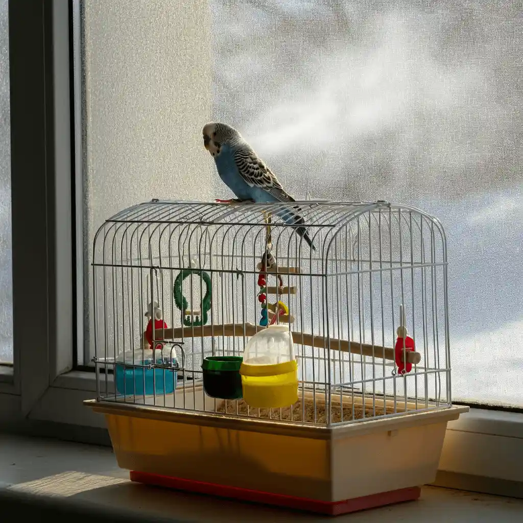 A budgerigar in a cage placed near a drafty window during winter.