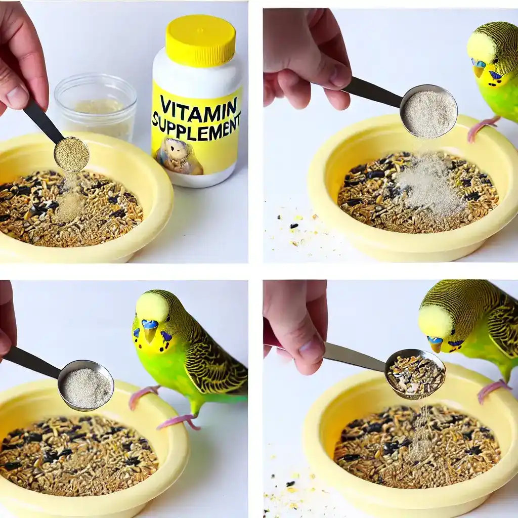 Adding vitamin supplements to a budgerigar's food in a yellow dish.