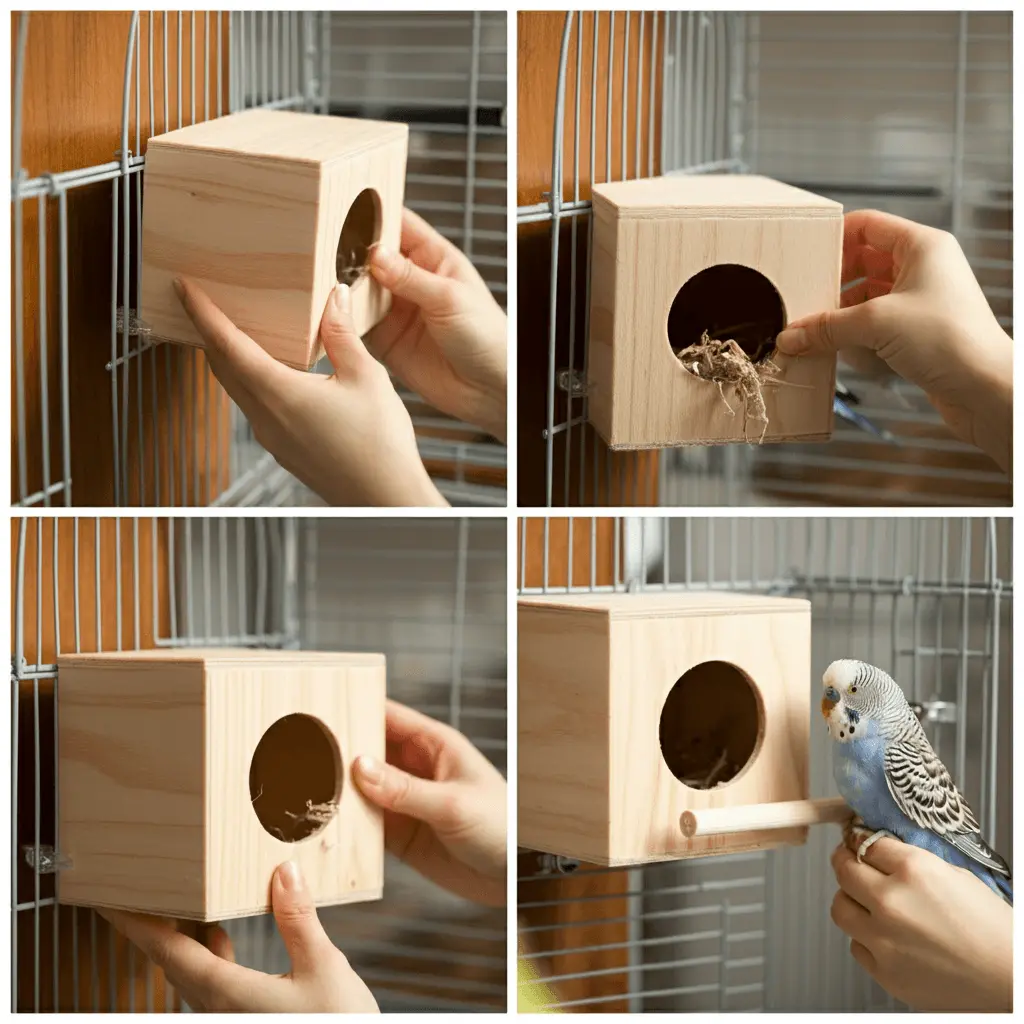 Steps to set up a bird nesting box inside a cage.