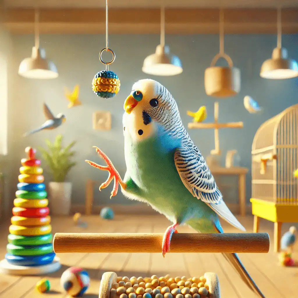 Budgerigar playing with a hanging toy as part of its training routine.