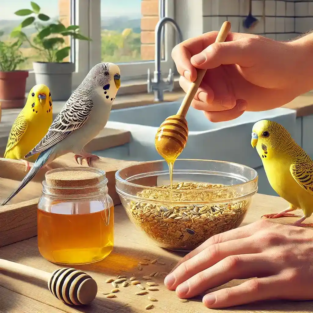 Person preparing homemade bird treats in a kitchen with budgerigars watching.