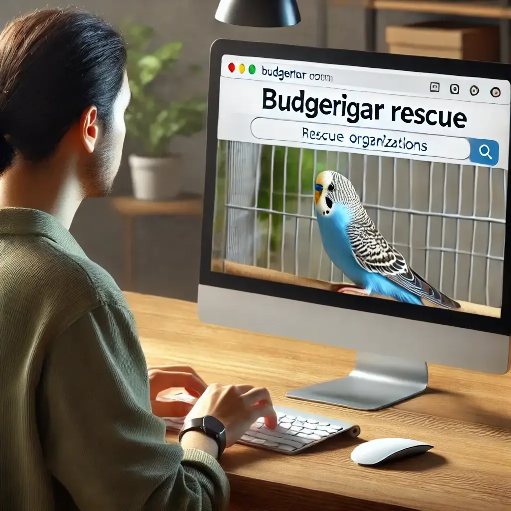 Person searching for budgerigar rescue organizations online.