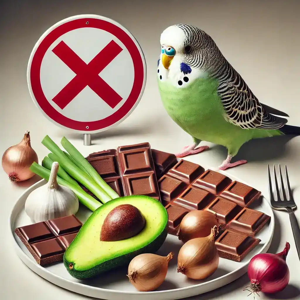 Budgerigar next to a plate of foods toxic to birds, such as chocolate, avocado, and onions, with a warning sign.